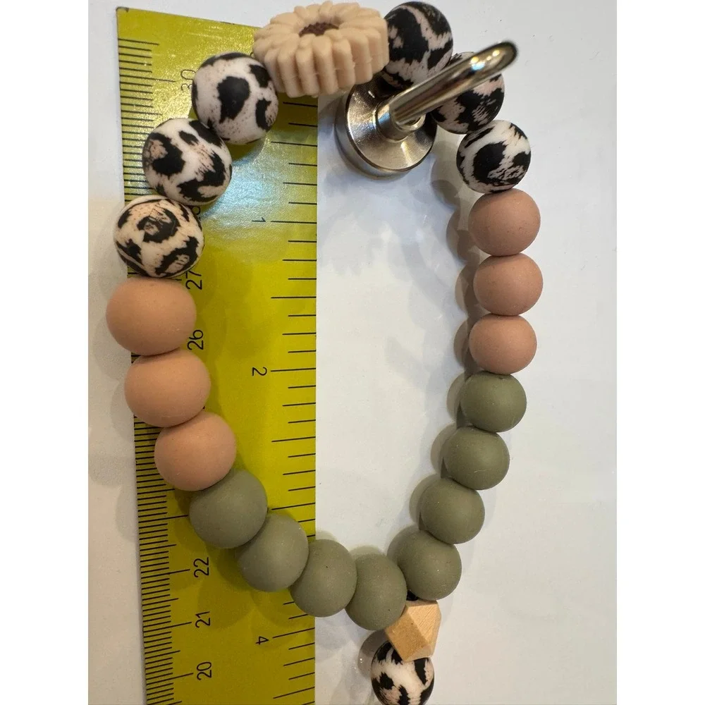 Silicone Bead Wristlet Keychain Leopard Print Sage Green Phone Tether Gold Clasp